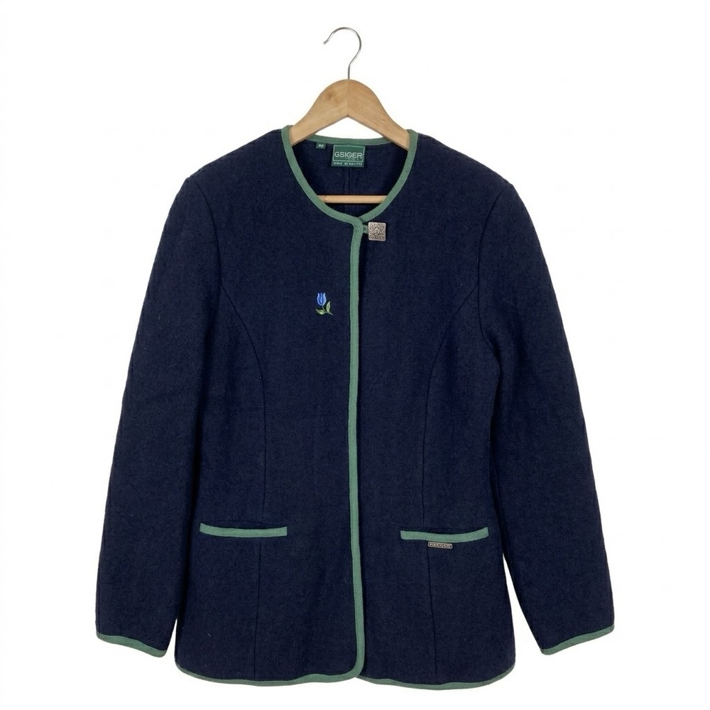Geiger 100% Wool Navy Blue Floral Embroidered Button Front Blazer Size 10 Medium